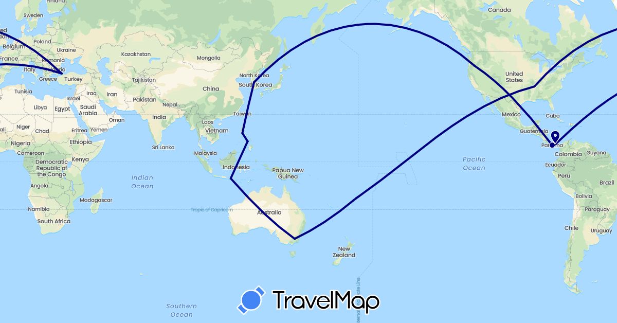 TravelMap itinerary: driving in Australia, Fiji, Indonesia, South Korea, Panama, Philippines, Turkey, United States (Asia, North America, Oceania)